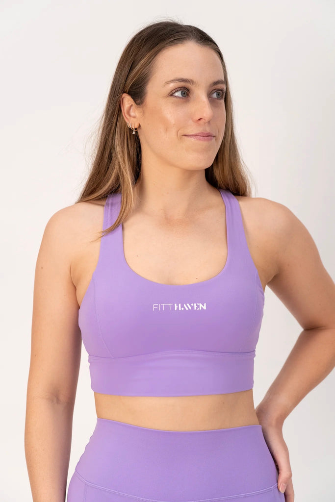 Mollie longline sports bra in purple womens activewear