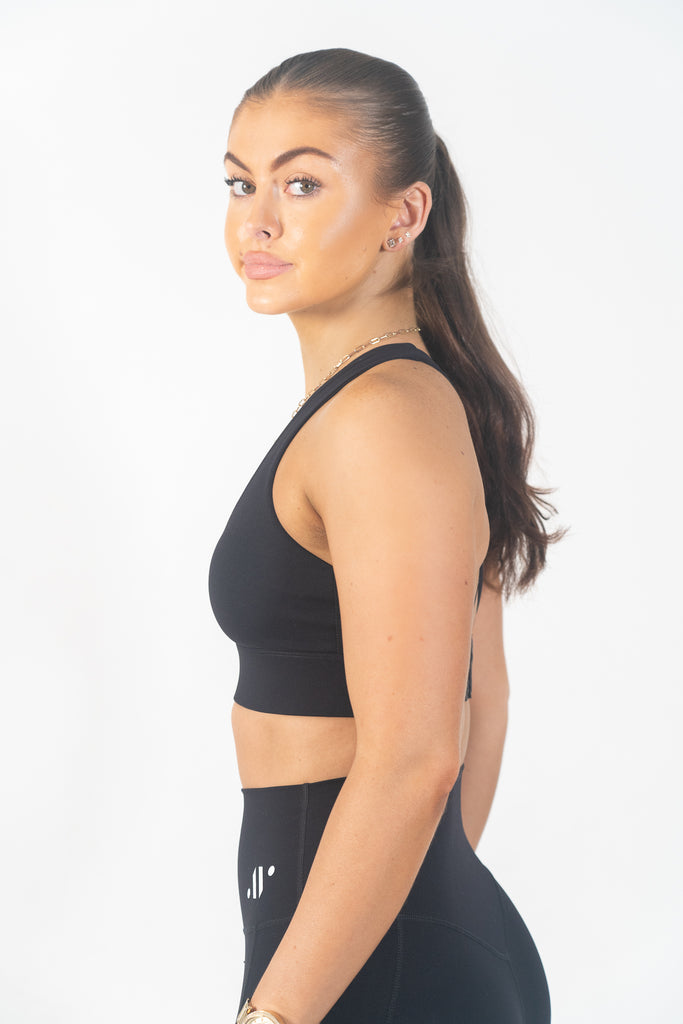 Fitt Haven supportive black sports bra with adjustable clip